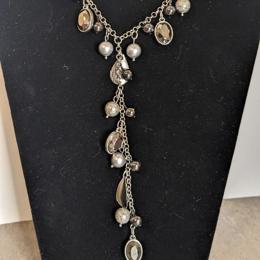 Vintage New York and Company Silver‎ Jeweled Y Necklace